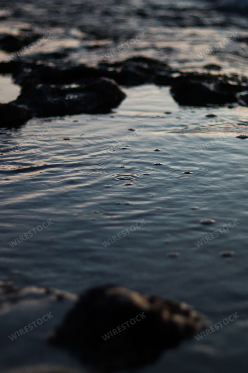 A vertical shot of calm water on a beach after sunset
