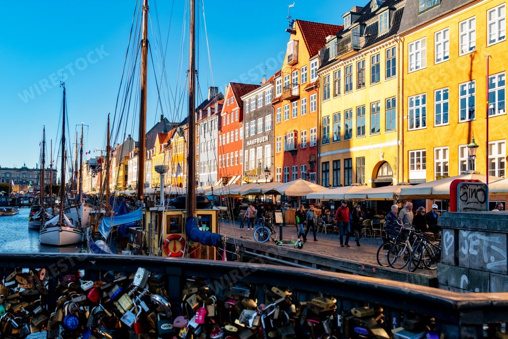 The colorful buildings and the market by the Nyhavn canal captured in Copenhagen, Denmark
