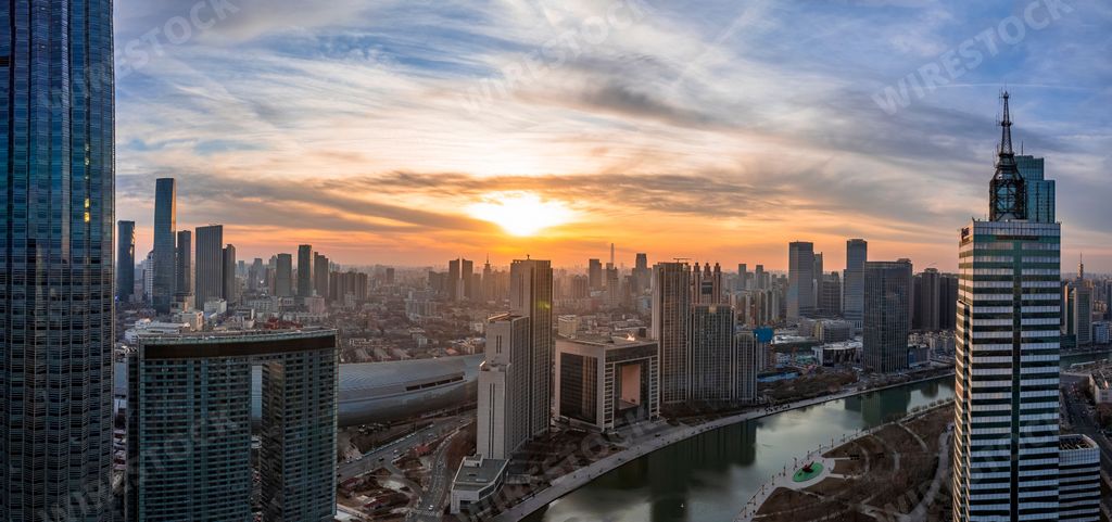 A cityspace of Tianjin with its beautiful skyscrapers during the sunset in China