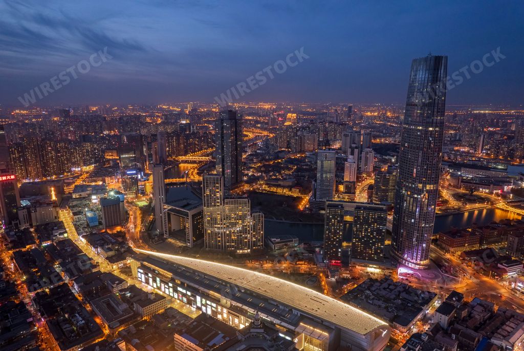 A cityspace of Tianjin with its beautiful skyscrapers during the sunset in the evening in China