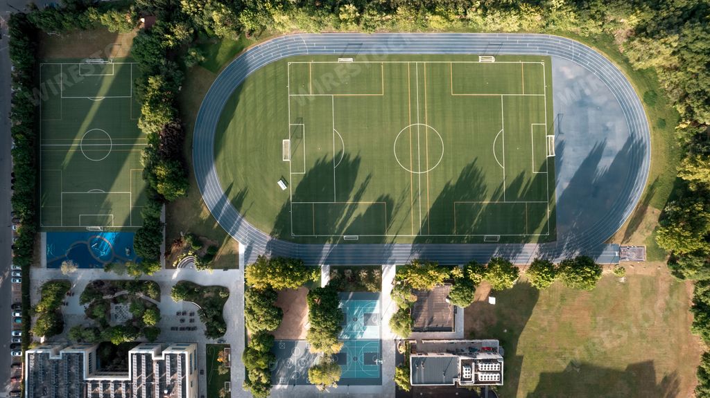 A bird's eye view of a big soccer stadium