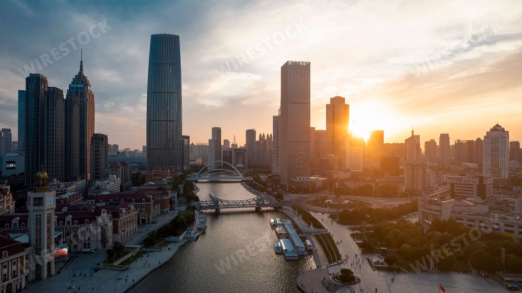 The skyline of Tianjin at sunset. China.