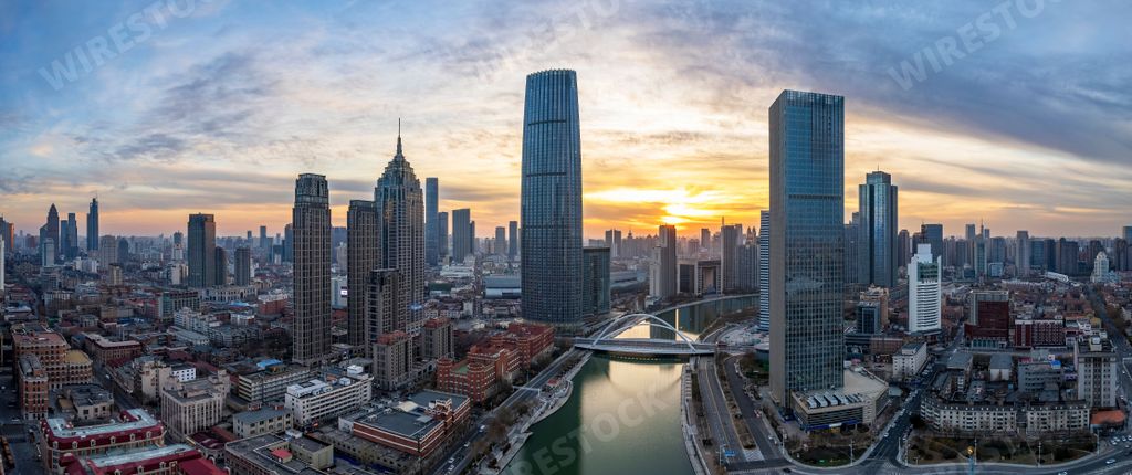 A panoramic view of Taijin cityscape during the sunset in China