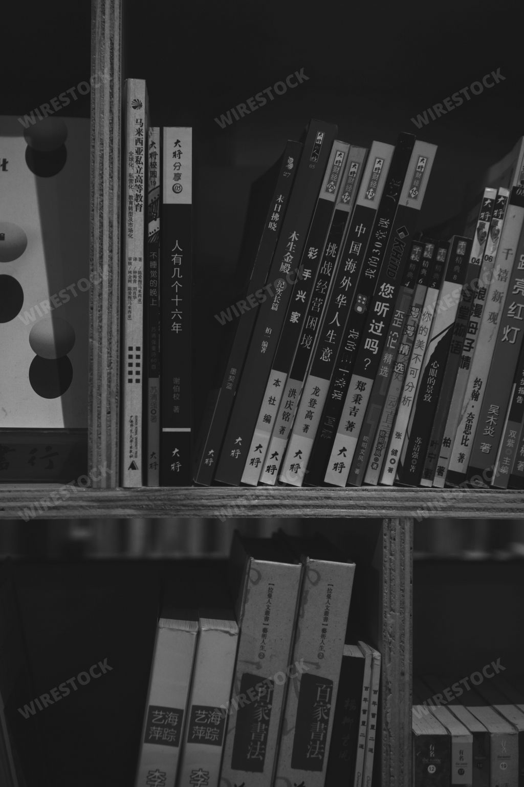 A vertical grayscale of Japanese books on a shelf in a flea market