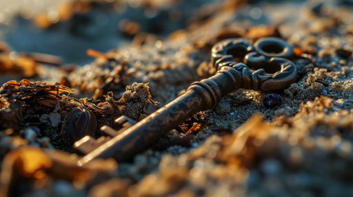 a key is sitting in some sand on the ground, Stock illustration | Wirestock