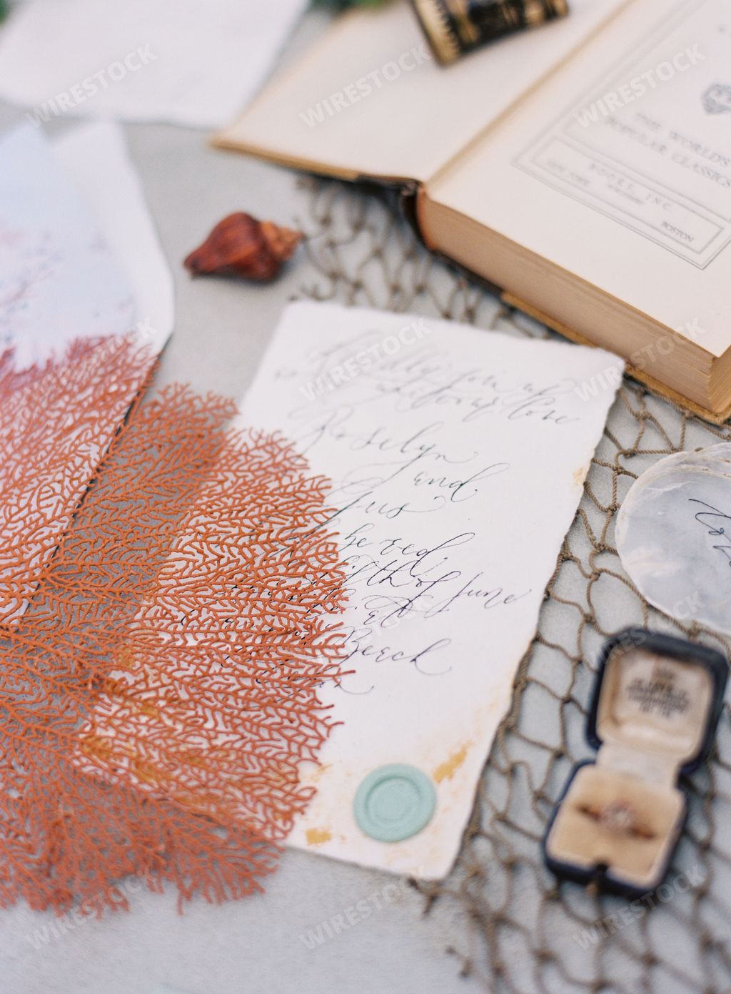 Top view shot of wedding invitation drafts with DIY Copper Mesh and ...