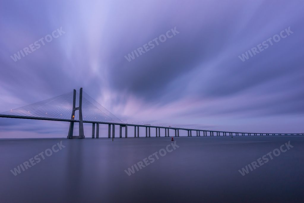 The Vasco da Gama bridge at night in Lisbon, Portugal