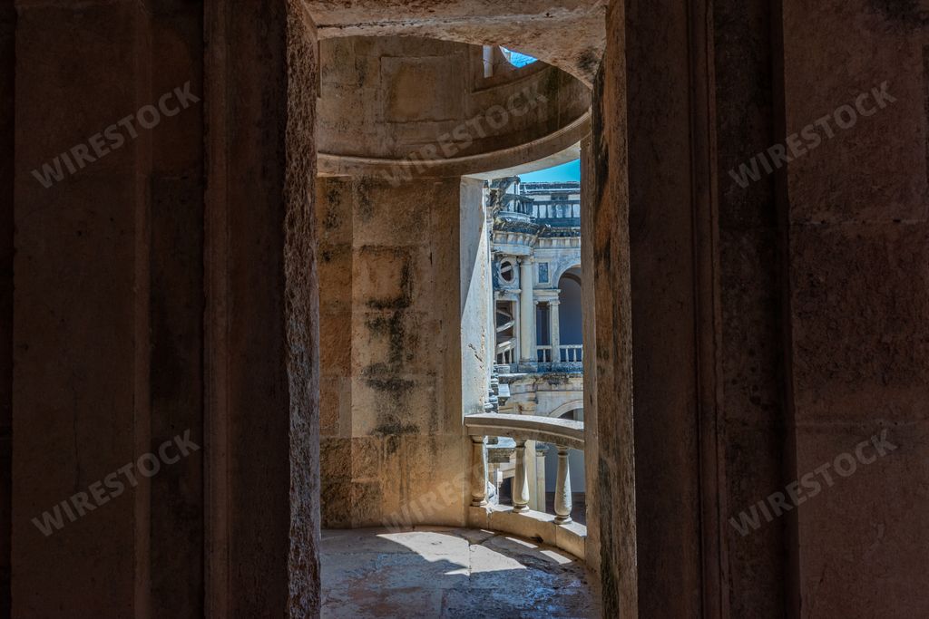 A ruined balcony in the Convent of Christ under sunlight in Tomar in Portugal