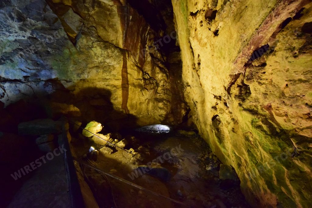 An inside look of the Kilkenny Caves under the lights in Ireland