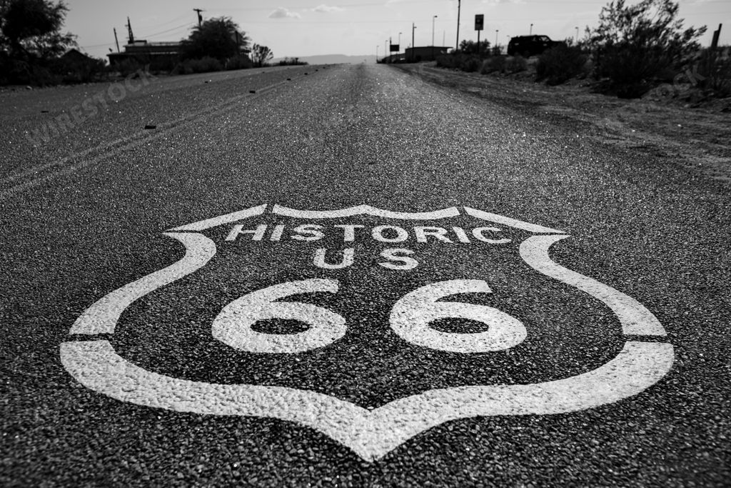 A horizontal greyscale shot of the 'Historic US 66' sign on the Route 66 street surrounded by trees
