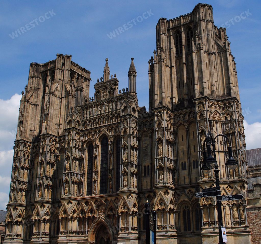 Wells Cathedral, Wells, Somerset, England. May 22, 2019.  Built in the 12th century, the cathedral features Early English Gothic architecture.