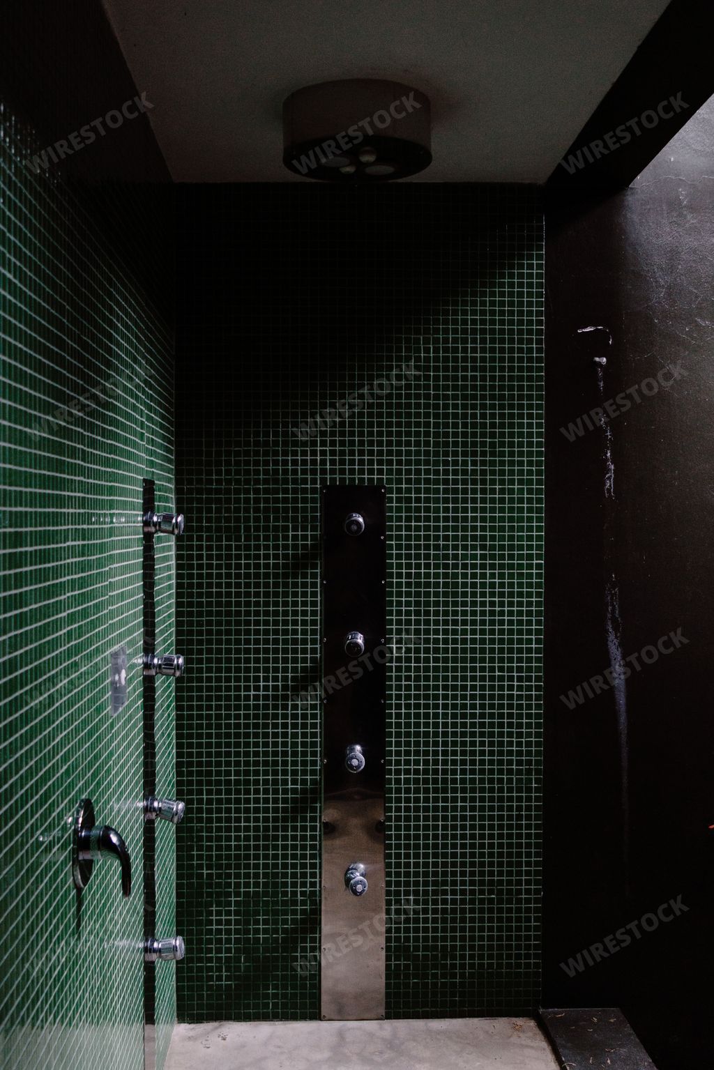 A vertical shot of a shower room with green mosaic walls
