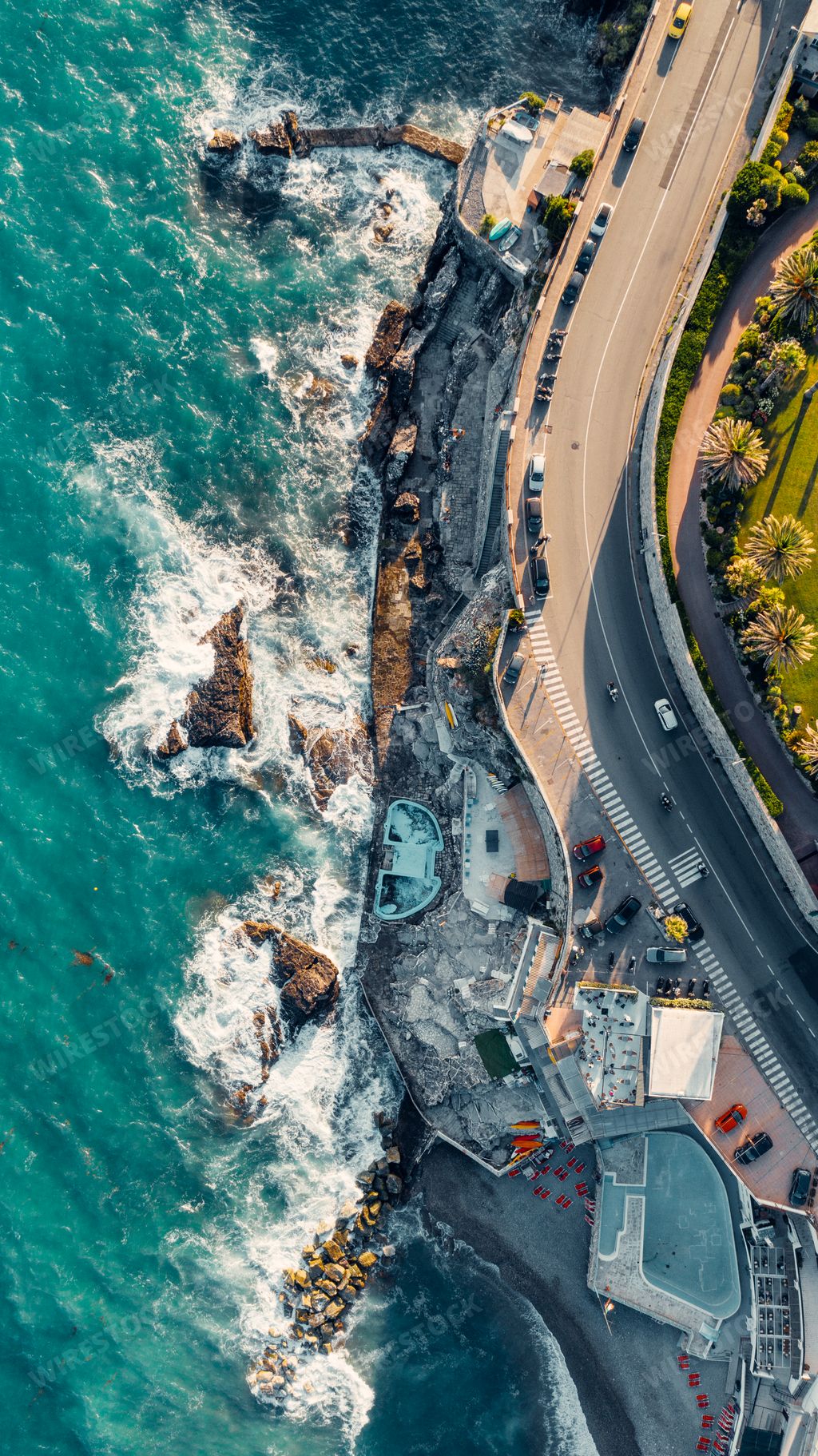 A vertical aerial view of the Quatro neighborhood, Liguria region, Genoa, Italy