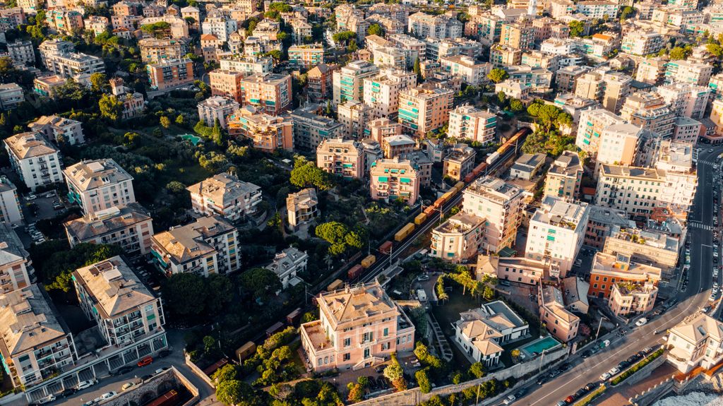 An aerial view over coast of Liguria in Quarto dei Mille, Genova, Italy