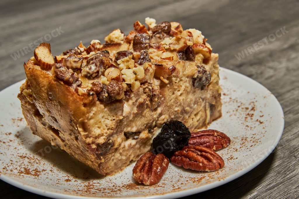 Capirotada dessert with almonds, cinnamon and raisins