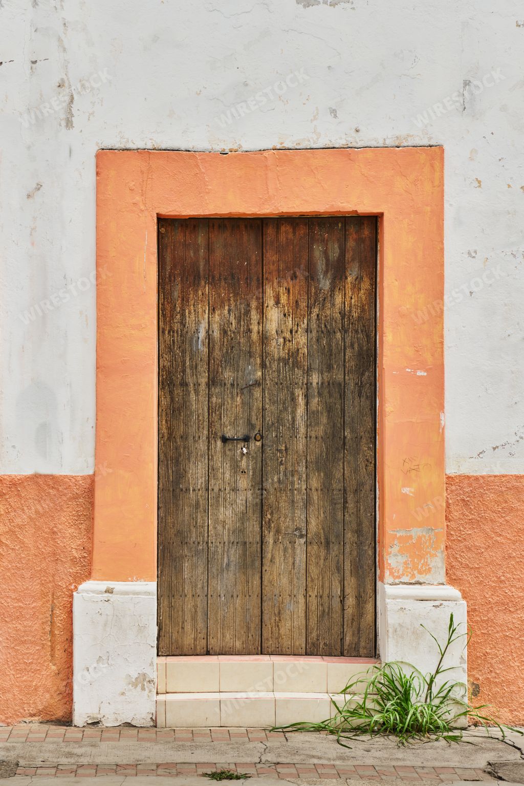 Antique wooden door facade with paint wear with copy space