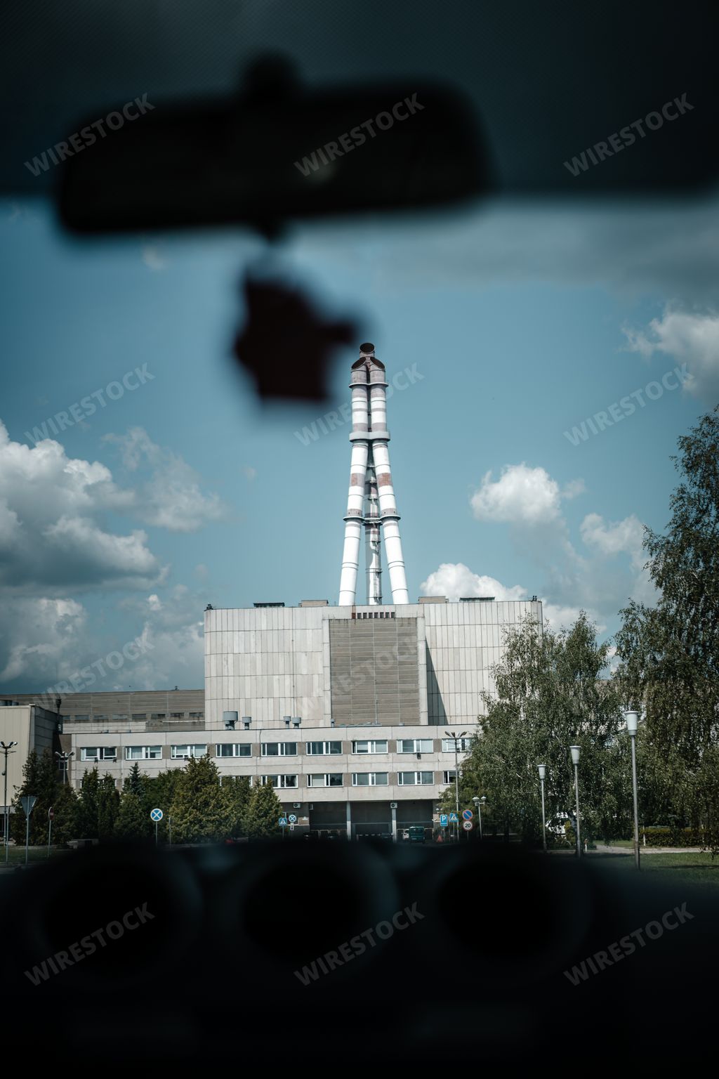 A vertical view of an Ignalina Nuclear Power Plant near Visaginas in Eastern Lithuania shot from a car