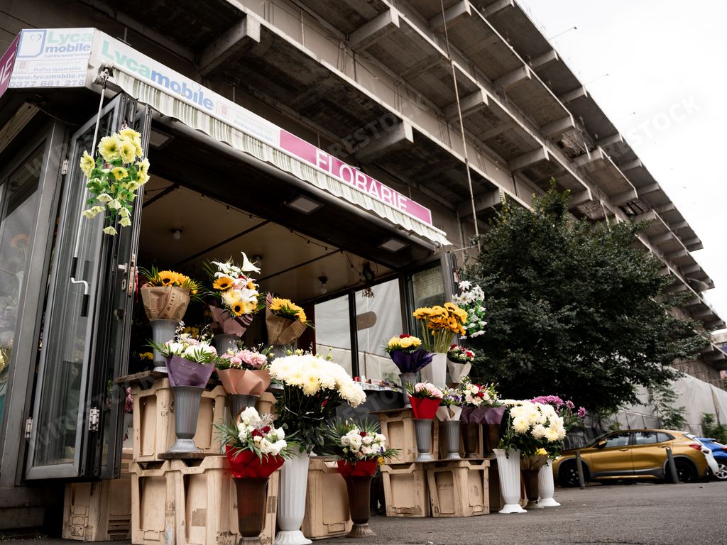 A flower shop in Bucharest with a variety of flowers on display.