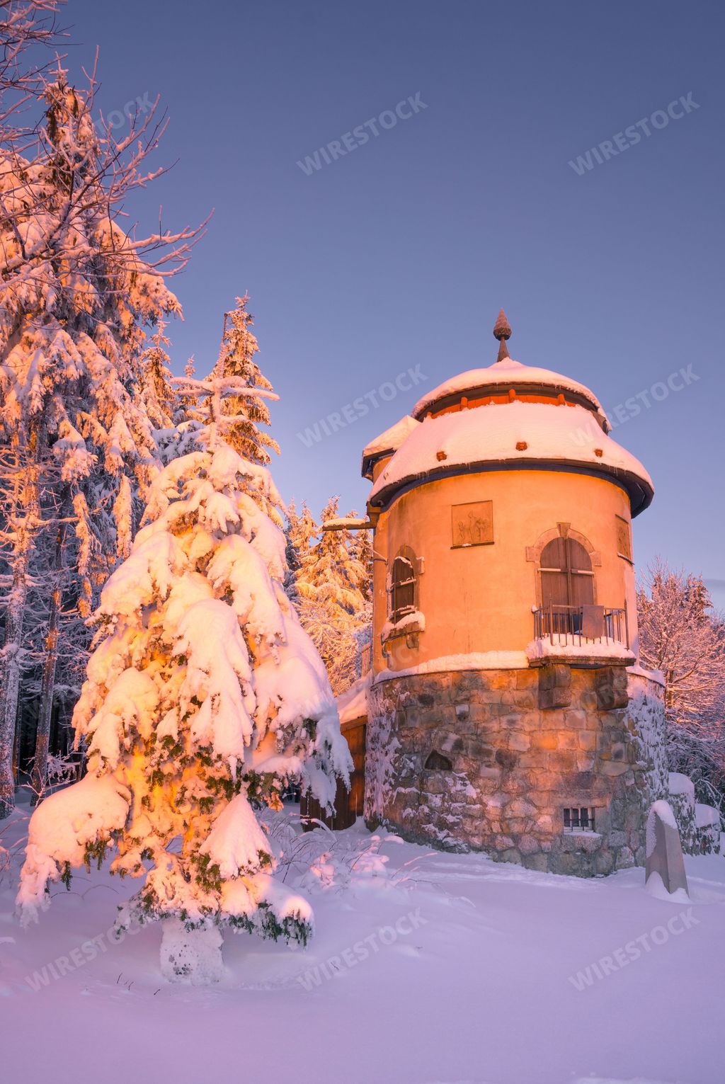 A beautiful winter scene with snow-covered trees and a tower. Grenzlandturm, Germany