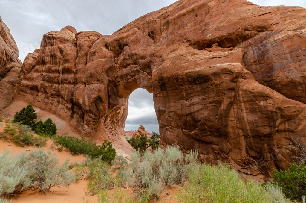 A beautiful view of the famous Pine Tree Arch in the Arches National Park, Utah