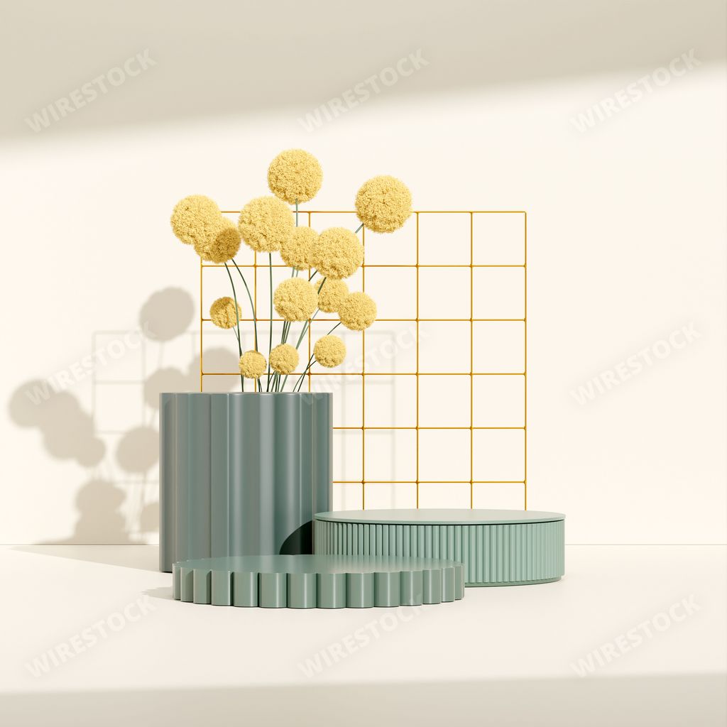 A 3D rendering of a podium for a product display with beautiful flowers on a beige background