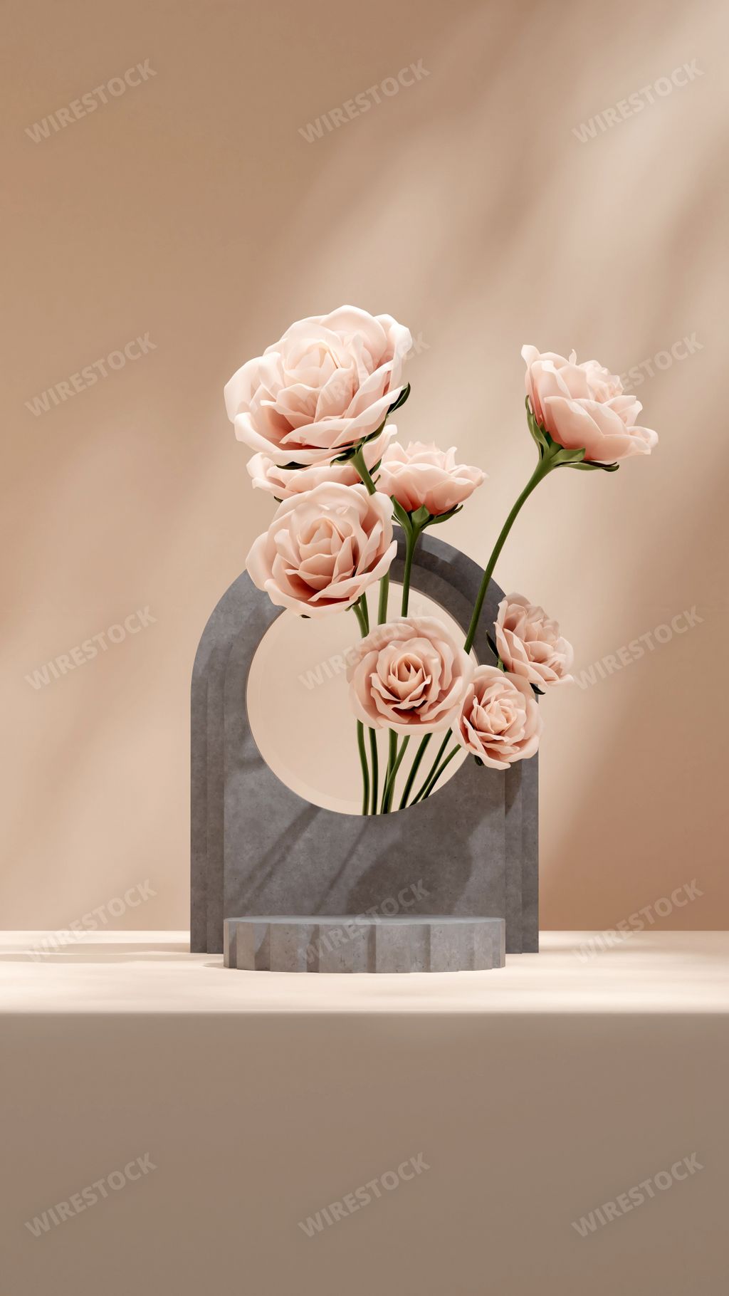 An aesthetic shot pink flowers and geometric design components on a pink background