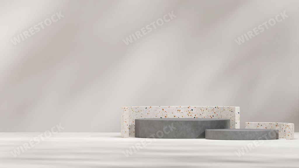 A gray Minimal concrete and terrazzo texture podium for product 3d render mockup in landscape template