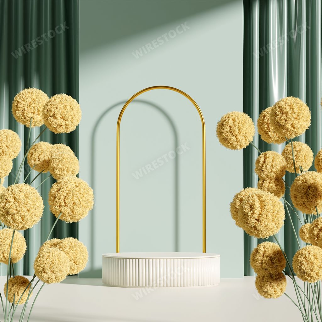 A 3d display podium pastel green background with billy buttons
 flowers