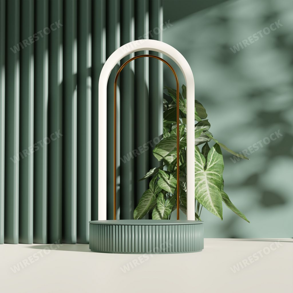 A 3d display podium pastel green background with green plants