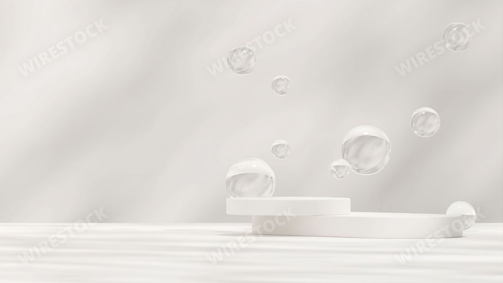 A 3D rendering of white product display podiums with floating glass spheres