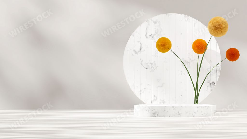 A 3D rendering of a white marble product display podium and beautiful flowers