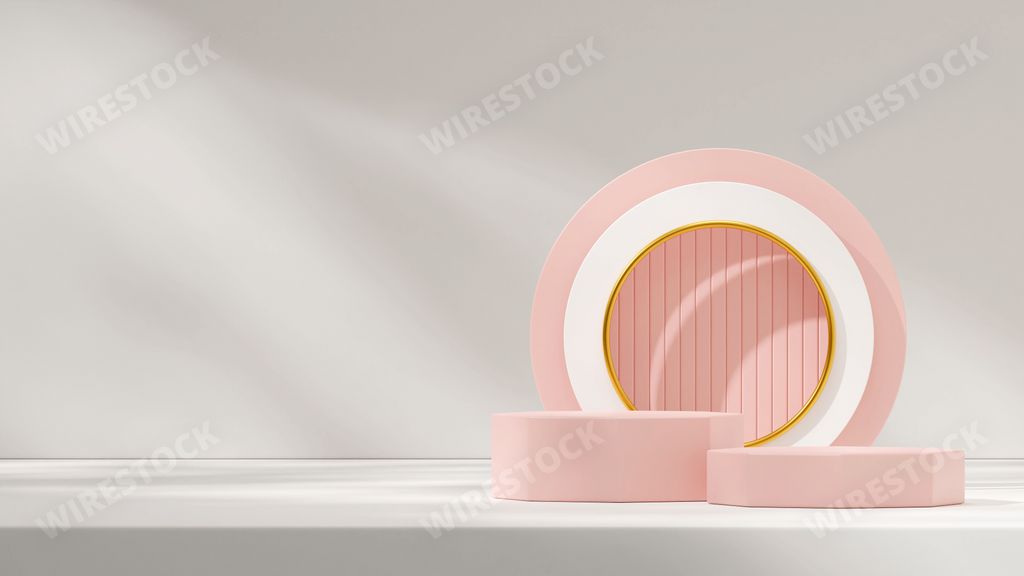 A 3d rendering mockup template pink podium in square with circle colorful backdrop
