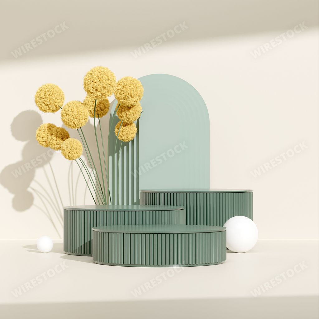 A 3D rendering product display podium decorated with a ball woolly-head flowers on a white background