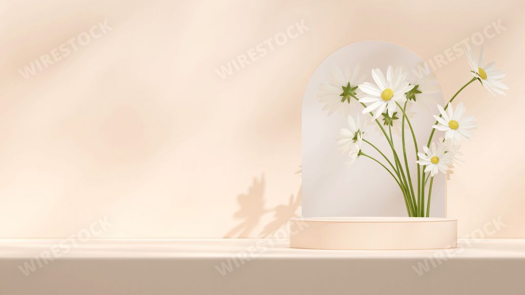 A 3D render illustration of daisy flowers with copy space podium display for product mockup natural background