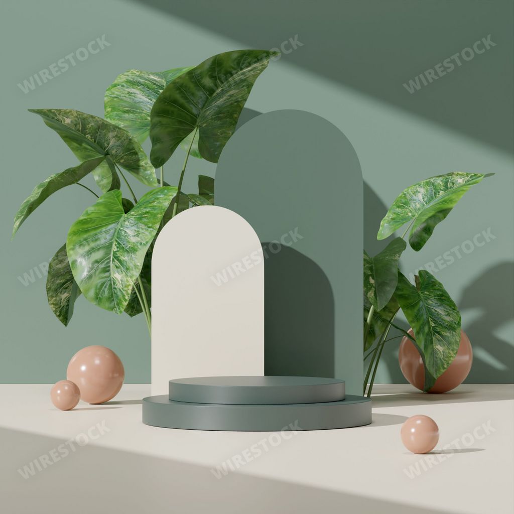 A 3D rendering of a podium for a product display with beautiful plants on a pale green background