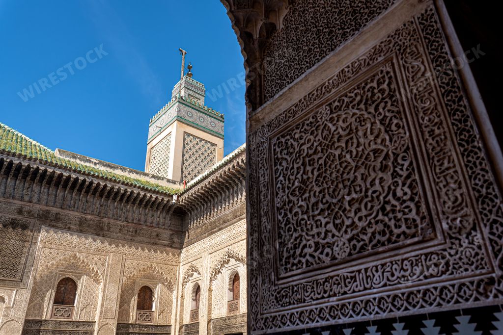 The intricate interior design of a building in Fez, Morocco