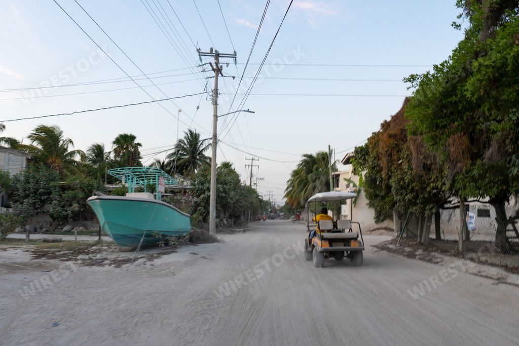 A beautiful shot of a Golf cart taxi on a Holbox street with trees in Mexico