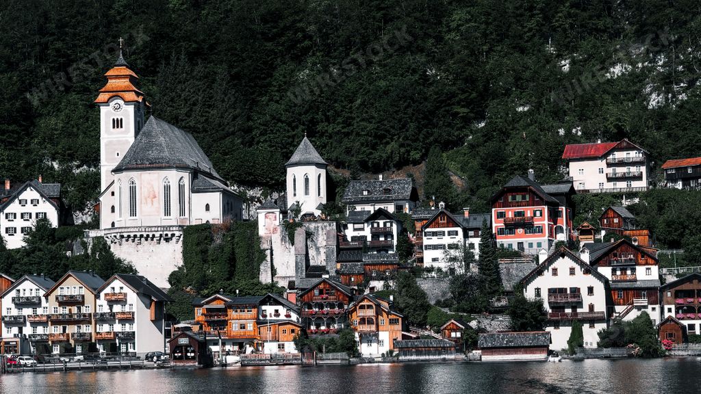 The Hallstatt village by the lake in the Austrian Alps