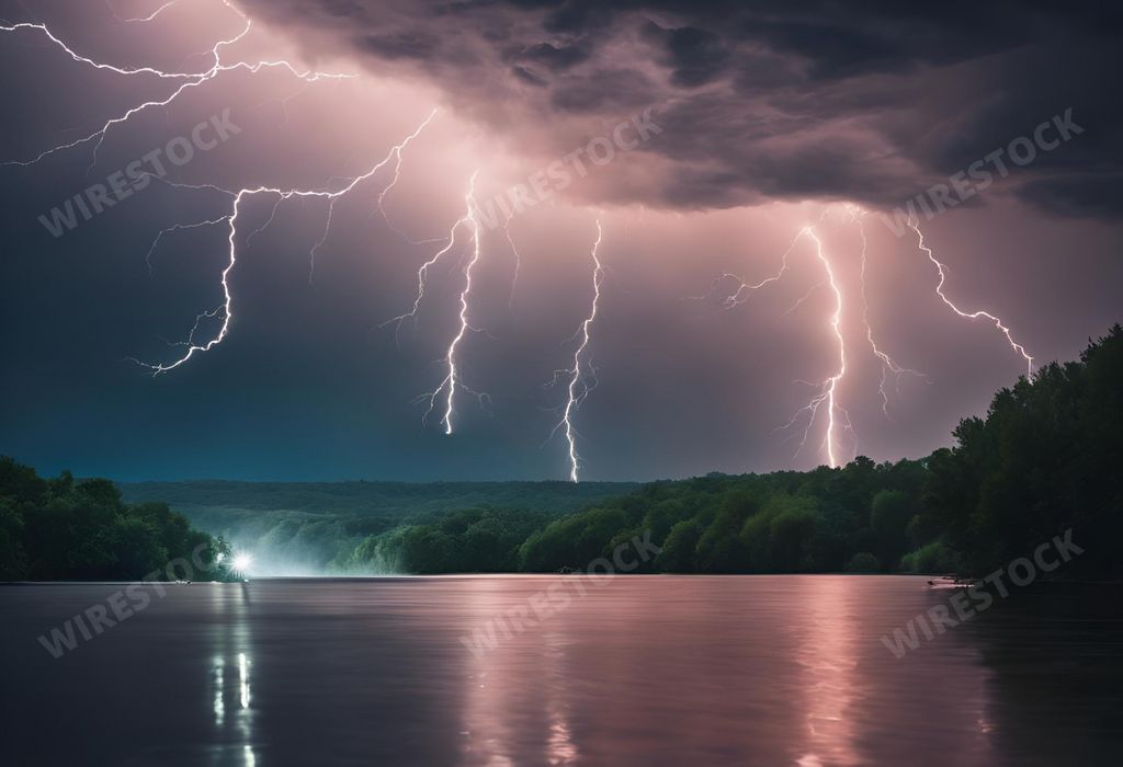 An AI generated illustration of lightning above the sea and trees with purple skies