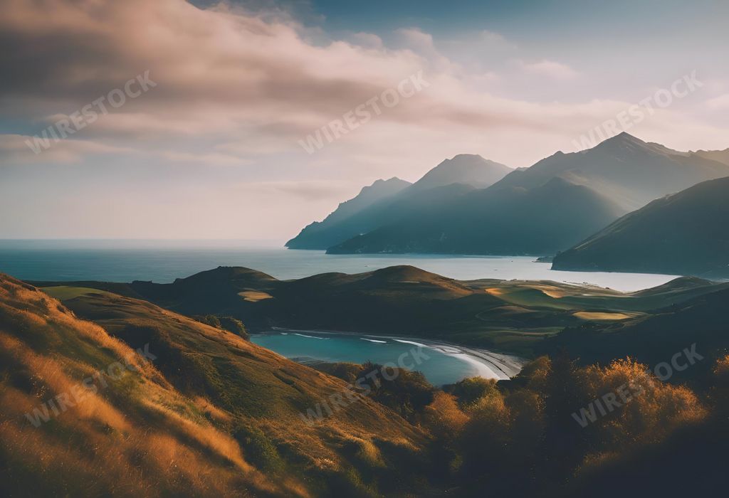 An AI generated illustration of a breathtaking aerial view of mountains and the sea