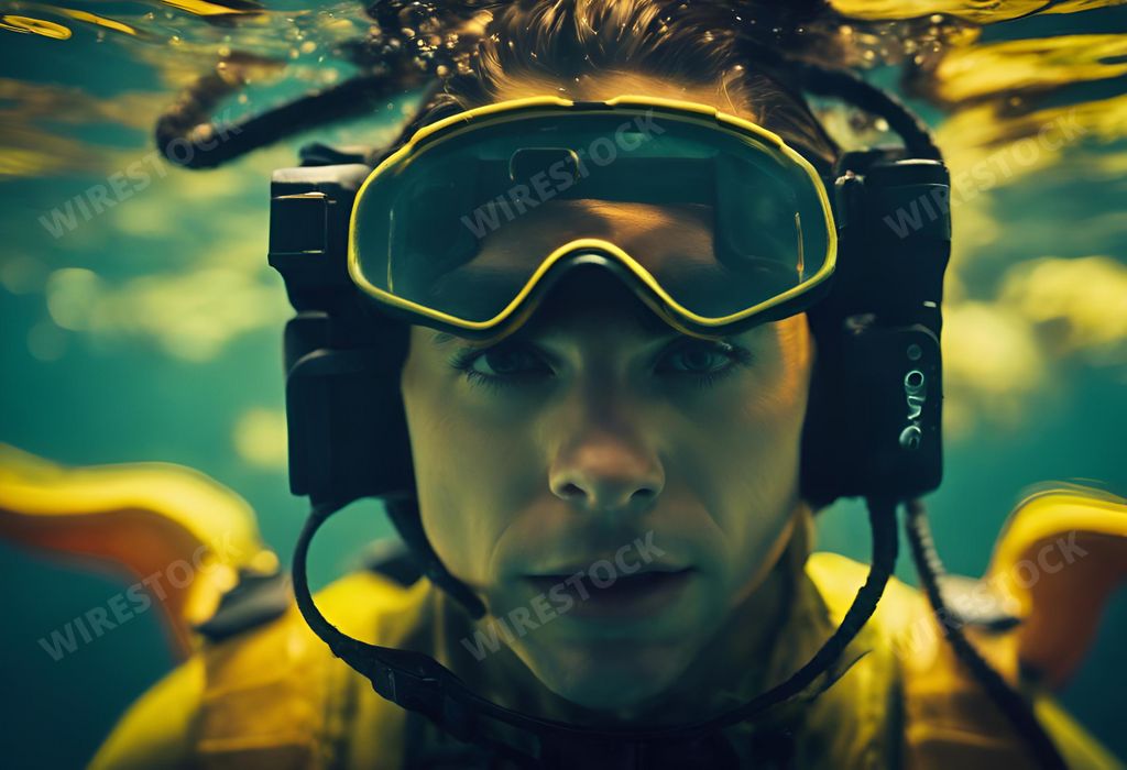 An AI-generated illustration of a Man underwater wearing a diving mask and goggles