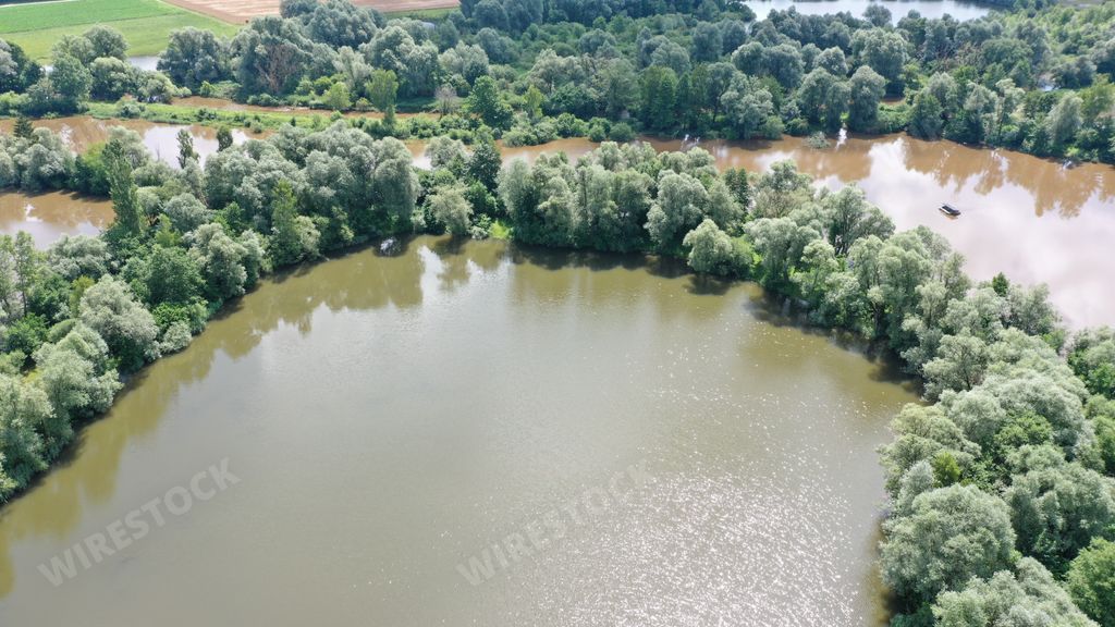 An aerial view of a sunny grunge pond water with green trees around on a sunny day
