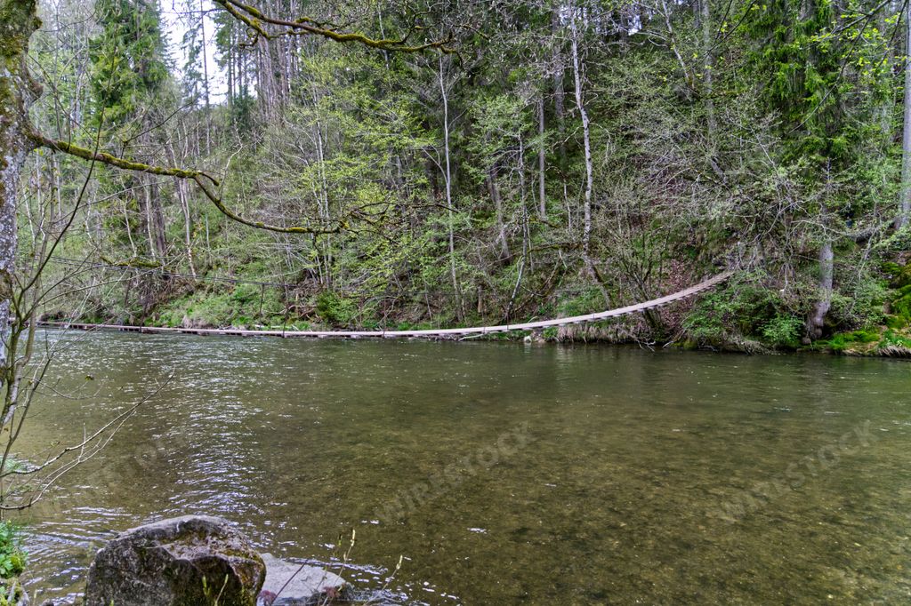 A wooden suspension bridge over the large river in the forest