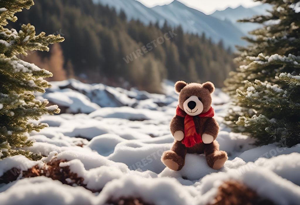 An AI generated illustration of Teddy bear in snow at forest edge