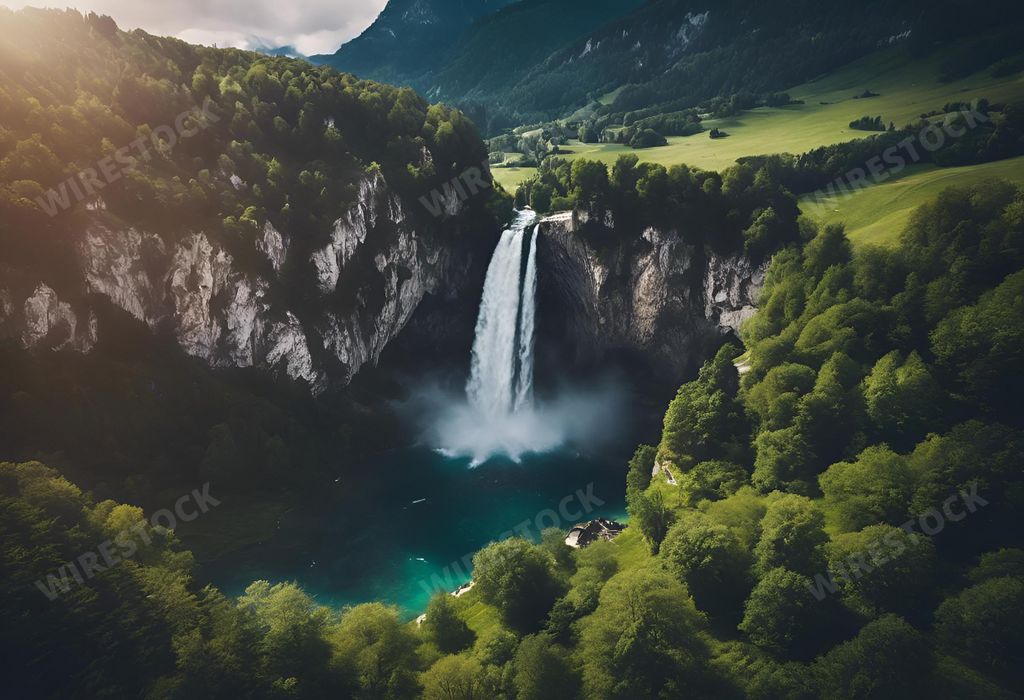An AI generated illustration of a small waterfall cascades through a vast mountain landscape