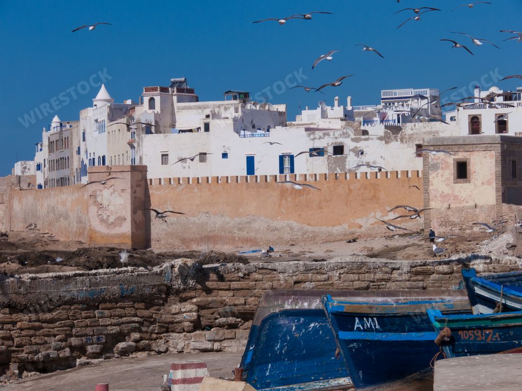 A scenic view of the old city of Essaouira, Morocco in blue sky background
