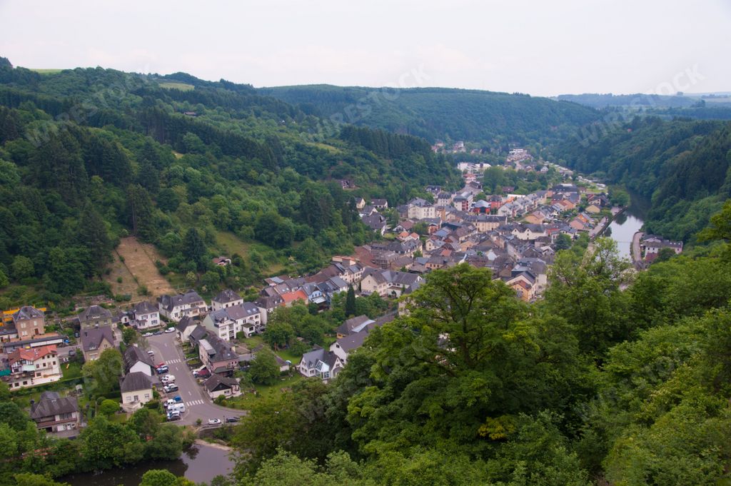 An aerial drone shot of the Vianden commune in Luxembourg