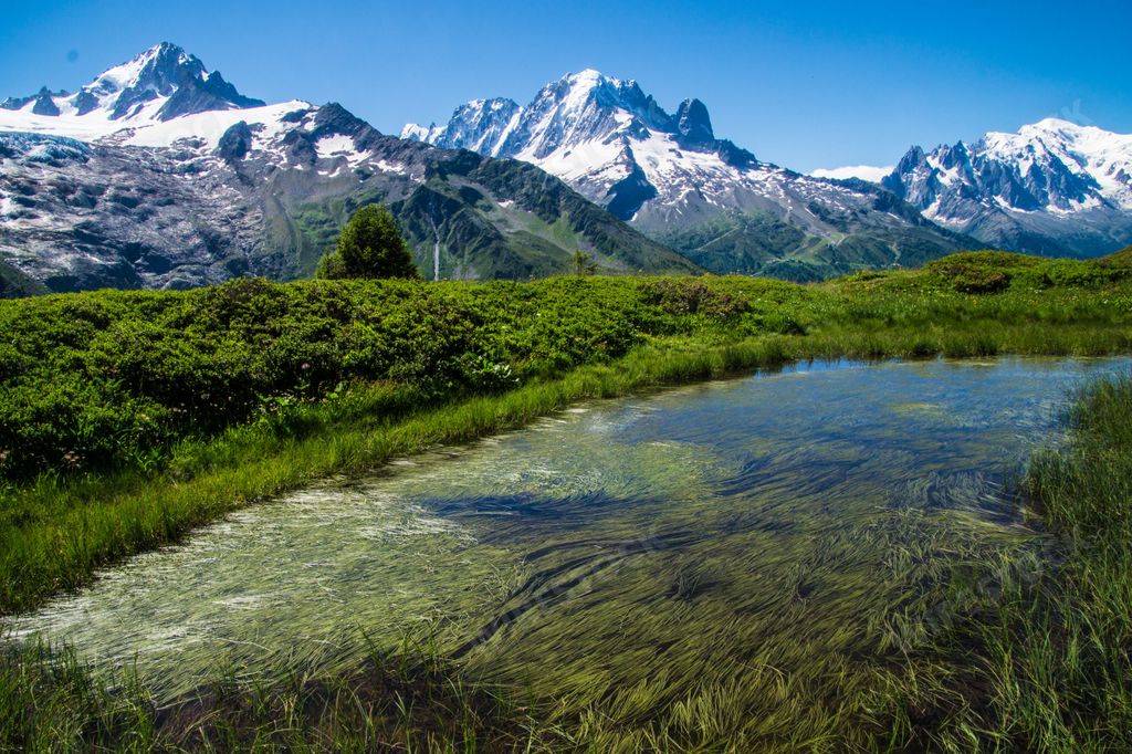 A landscape of a lake with grass fields in charamillon gondola snowy alps in Haute Savoie, France
