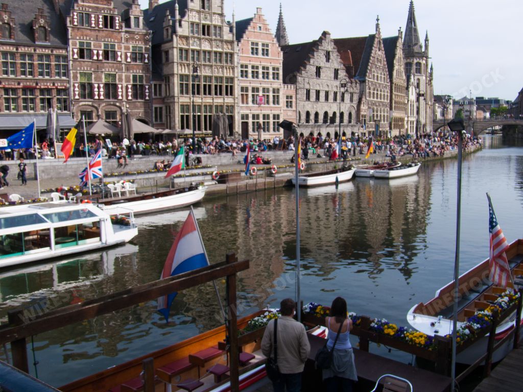 A celebration in Graslei, in the historic city center of Ghent, Belgium