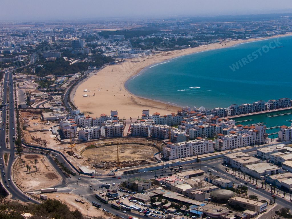 An aerial view of the beautiful city at the seashore in Agadir, Morocco